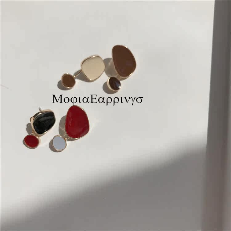 Mojia/春夏时髦小众气质不对称韩国不规则烤漆边撞色极简耳钉耳环