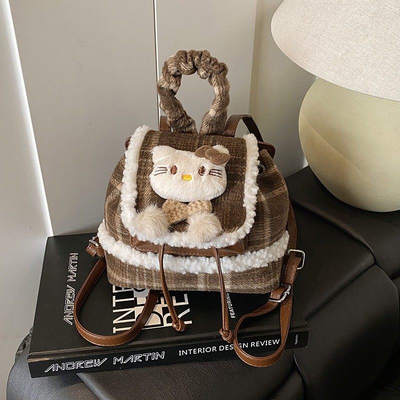 冬季新款韩版呢子格子毛毛边儿童小猫手提斜挎亲子款双肩包包女包