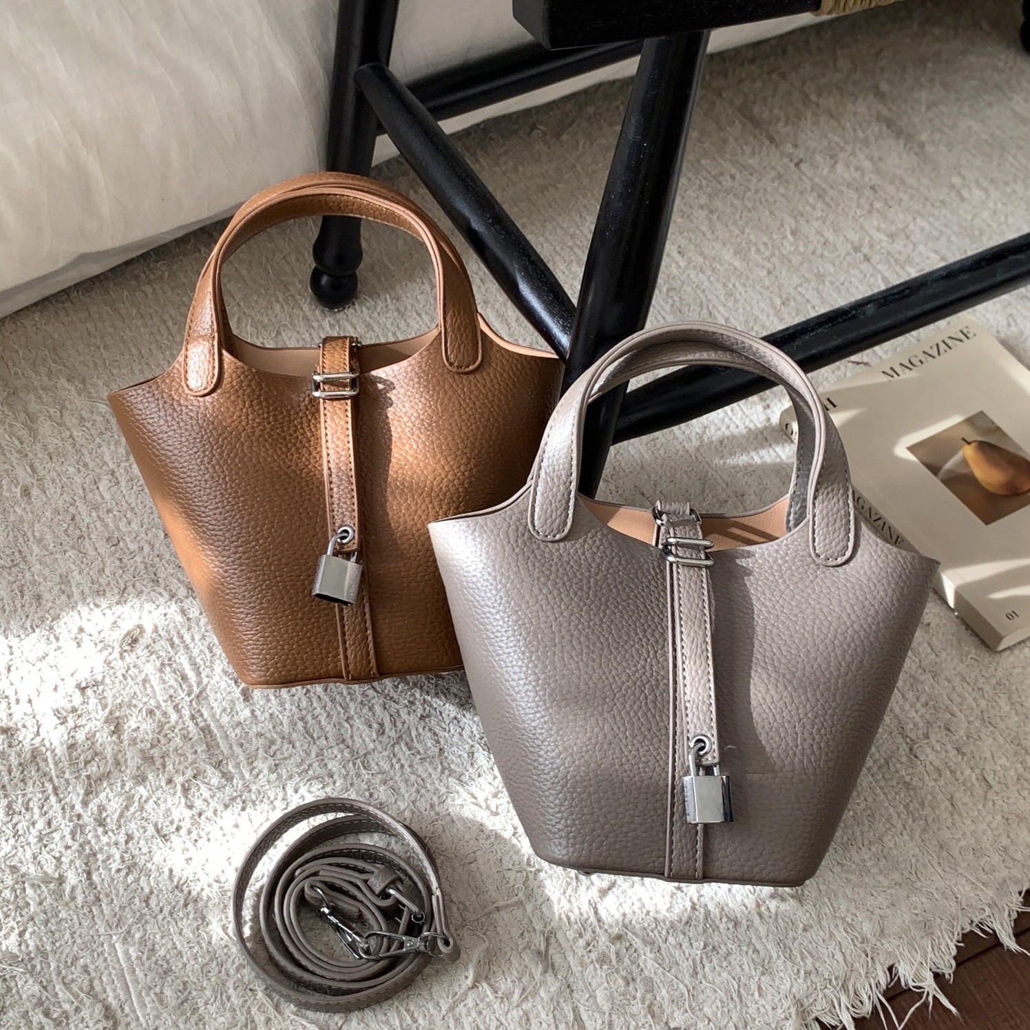 荔枝纹软皮菜篮子包女式20