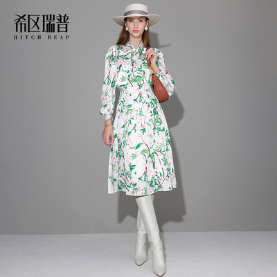 印花浪漫希区瑞普翻领修身裙子