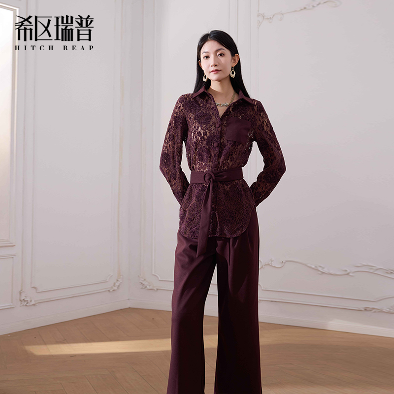 希区瑞普原创设计品牌2025秋冬新款女士蕾丝拼接长袖衬衫长裤套装