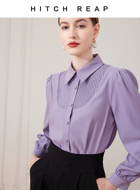 希区瑞普高端定制百褶紫色别致小众OL泡泡袖法式压褶气质淑女衬衫