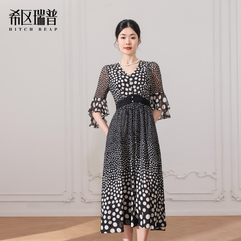 法式收腰v领雪纺印花波点连衣裙