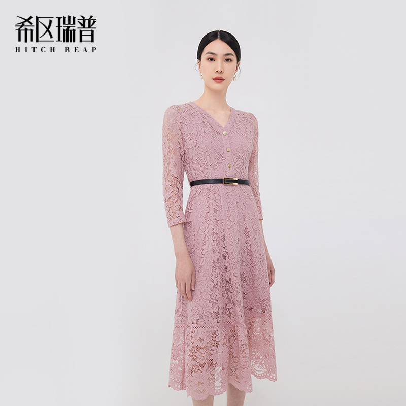 V领蕾丝法式优雅气质连衣裙