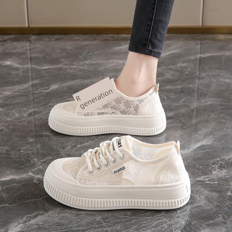 薄款透气帆布鞋女款2025新款夏季爆款蕾丝网面网鞋厚底百搭小白鞋