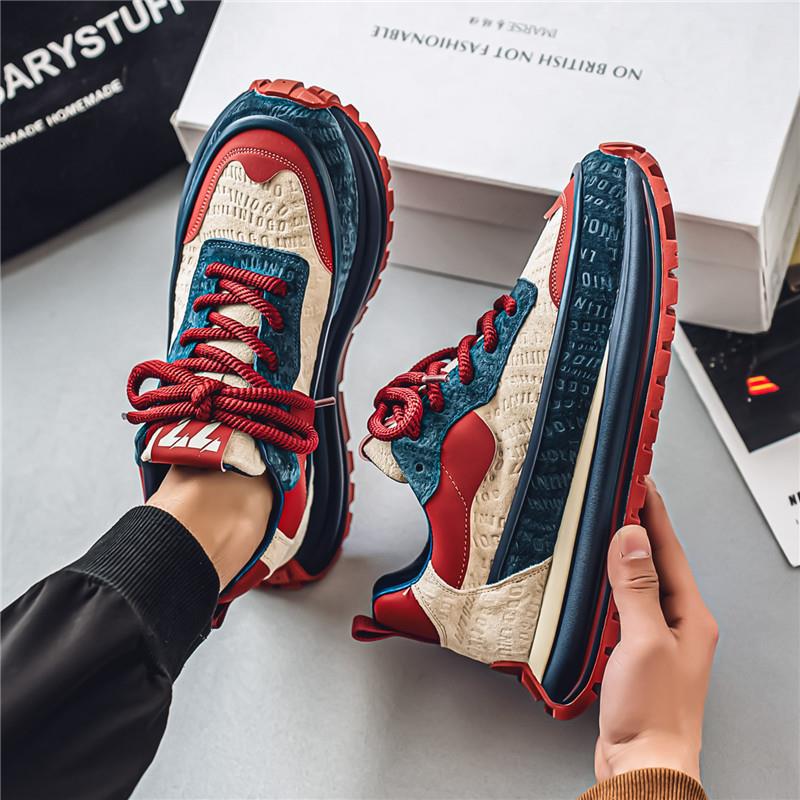 男鞋2025新款夏季减震跑步休闲运动鞋秋季皮面增高红色厚底老爹鞋