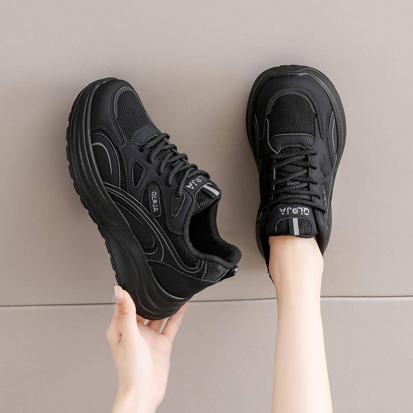 黑色鞋子女2025新款秋季网面厚底运动鞋轻便软底跑步鞋纯黑老爹鞋