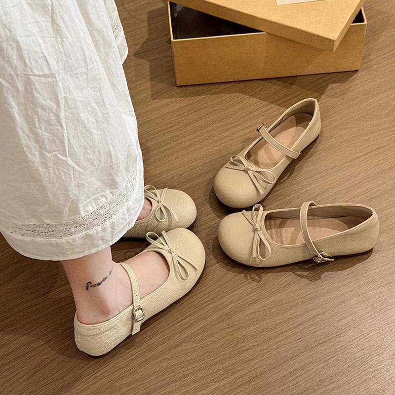 玛丽珍单鞋女2025新款春秋蝴蝶结平底豆豆鞋配裙子圆头浅口小皮鞋
