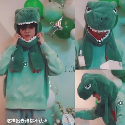 现货王源同款恐龙围巾一体帽卡通毛绒可爱搞怪冬季护耳男女款围脖