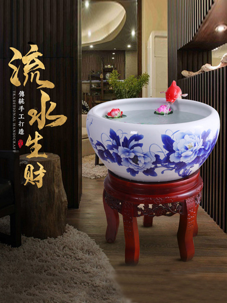 Jingdezhen Chinese ceramic large fish tank with circulating water filtration and oxygenation for raising turtles, living room decoration for attracting wealth