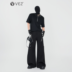 VE2小众设计半拉链圆领短袖 T恤男cleanfit高级感金属镶嵌廓形半袖