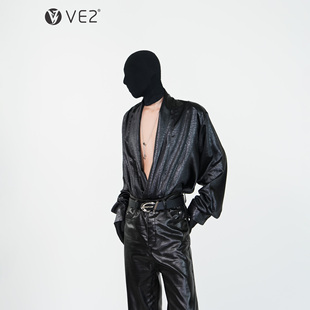 男女禁欲系夜店演出韩版 衬衫 垂感衬衣 小众光泽仿皮深V领长袖 VE2