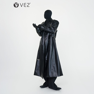 VE2 收腰PU皮大衣男暗黑高级感廓形气场风衣外套 秀场先锋长款