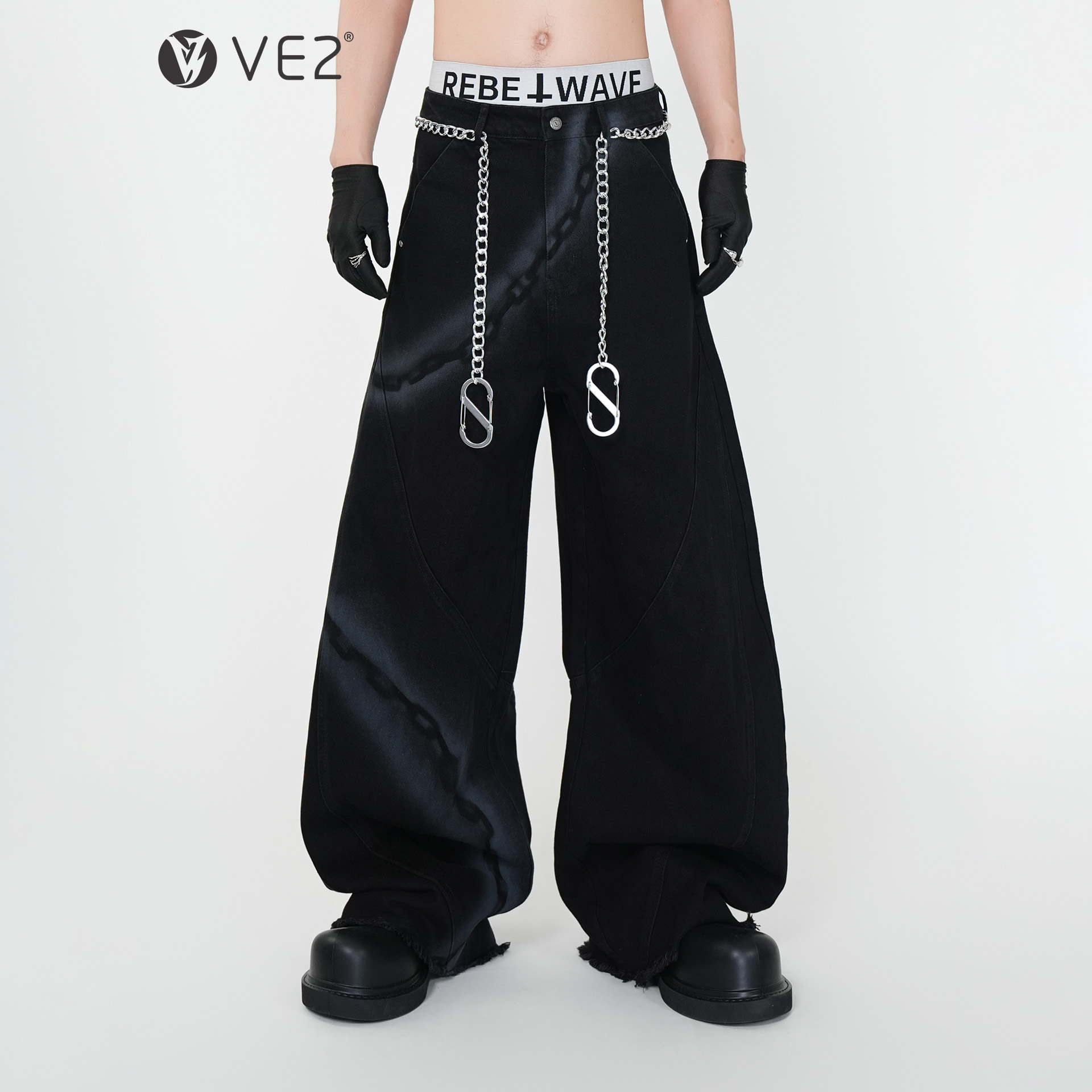 暗黑朋克链条涂鸦阔腿牛仔弯刀裤