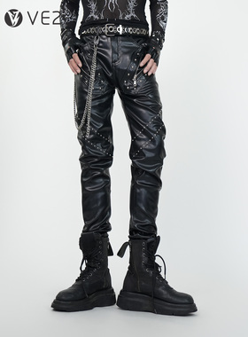 VE2 暗黑哥特朋克舞台摇滚秋冬重磅PU皮裤修身显瘦弹力小脚机车裤