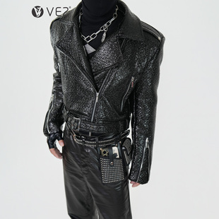 VE2 垫肩PU皮夹克外套男颗粒亮面高腰上衣潮 高定巴黎秀场先锋短款