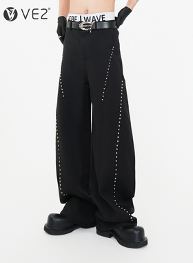 VE2 金属铆钉设计师款弯刀裤男宽松休闲西裤痞帅抗皱拖地裤直筒裤