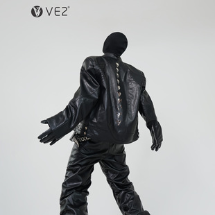 VE2 素结构设计加棉骑士PU皮夹克外套男垫肩机车服 高定金属龙脊元