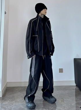 VE2 拼接休闲运动套装男防泼水立领夹克外套三条杠直筒裤二件套