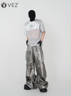 VE2 小众设计PU皮拼接镂空时髦个性短袖男走秀款夜店蹦迪宽松T恤