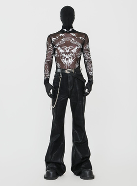 VE2 小众图腾刺青网纱长袖T恤男女弹力修身哥特亚比透视内搭上衣