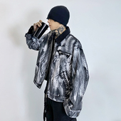 高级感秋上新涂鸦刷漆短款 牛仔外套男复古做旧宽松情侣外套女上衣