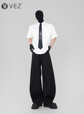 VE2 结构设计感免烫短袖衬衫男免打结山本领带白色抗皱正肩衬衣潮