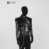 VE2 先锋液态金属亮面PU皮马甲漆皮垫肩背心小众赛博朋克叠穿夹克