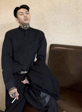 我叫得仔 基础款纯黑色修身衬衣男休闲潮韩版衬衫 立领翻领可选