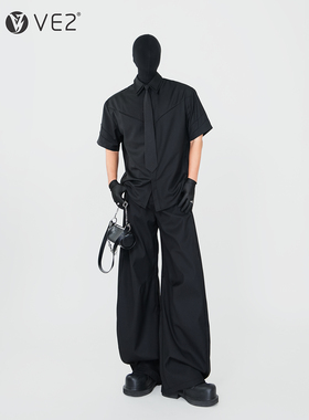 VE2 高级感双层领设计正肩短袖衬衫男二件套黑色廓形弯刀西裤套装