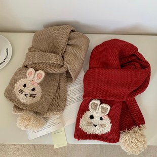 2025新款手工针织小兔子围巾女冬季少女甜美可爱毛线红色围脖学生