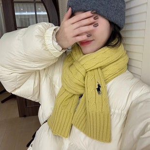 韩版加厚情侣款针织百搭围脖时尚纯色小马刺绣保暖羊毛麻花围巾