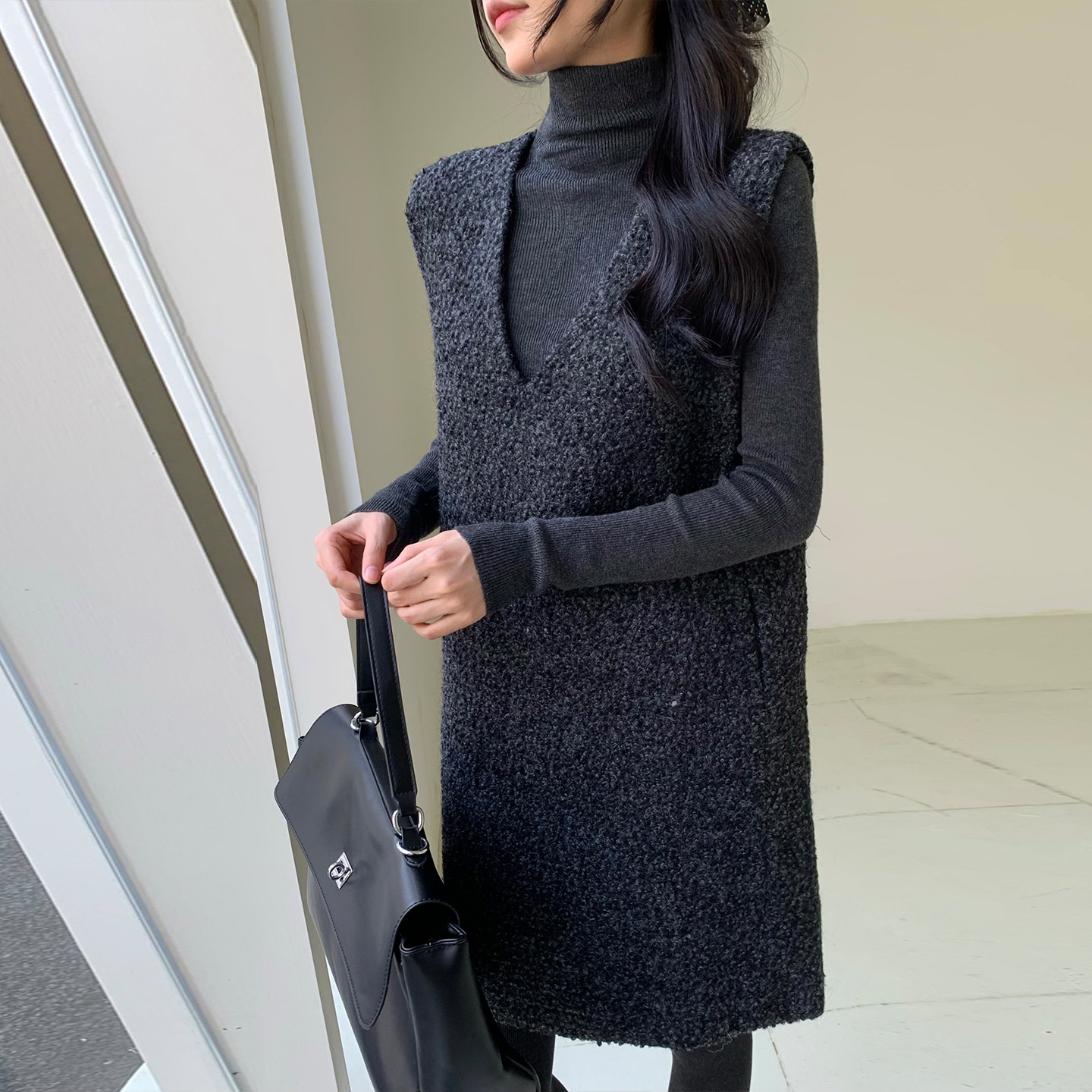 两件套V领背心裙雪花尼料韩系2025冬显瘦裙8899-B280-P155-K205,女装连衣裙,浙宝280