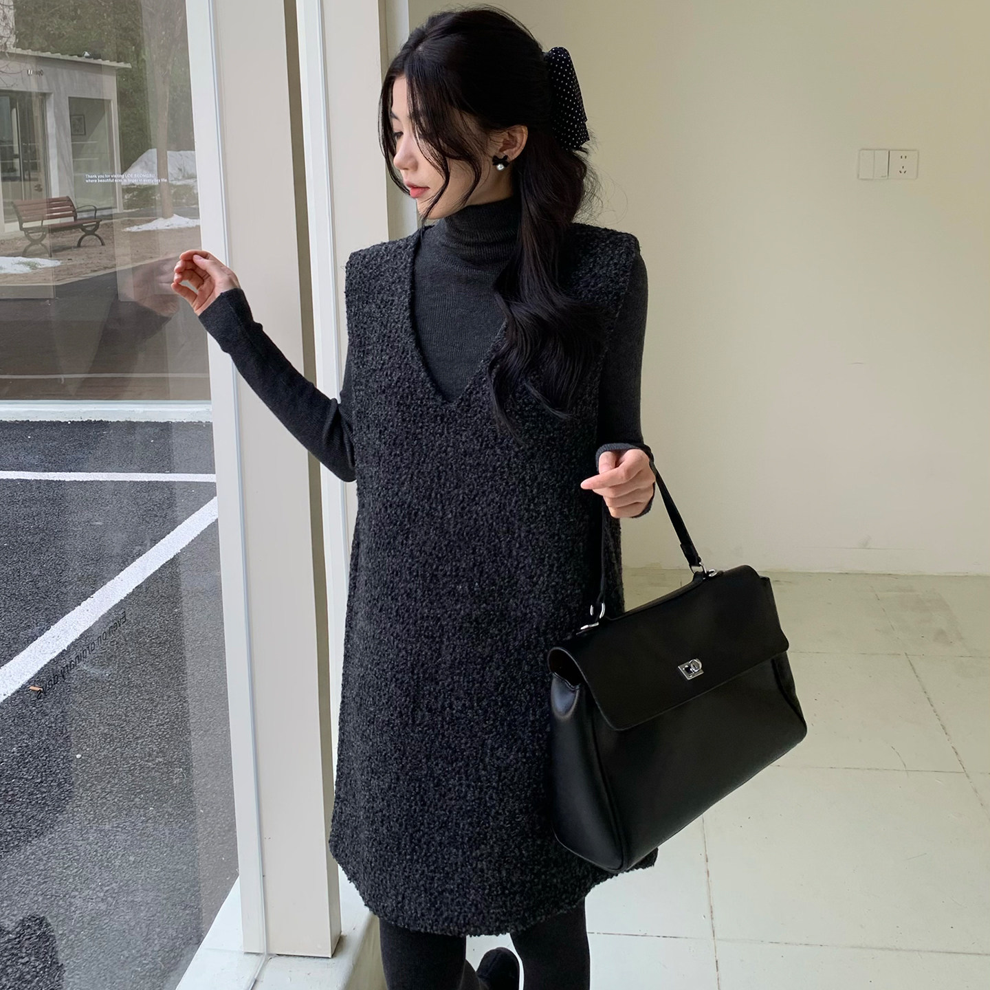 两件套V领背心裙雪花尼料韩系2025冬显瘦裙8899-B280-P155-K205,女装连衣裙,浙宝280