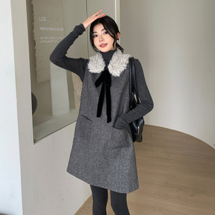 P165 B280 215 8115 送毛领围脖三件套蝴蝶结小香风背心裙韩系套装