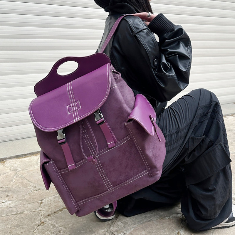 霉紫色软皮双肩包2026新款大容量抽带通勤书包拼色车缝线口袋背包