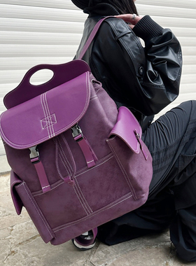 霉紫色软皮双肩包2026新款大容量抽带通勤书包拼色车缝线口袋背包