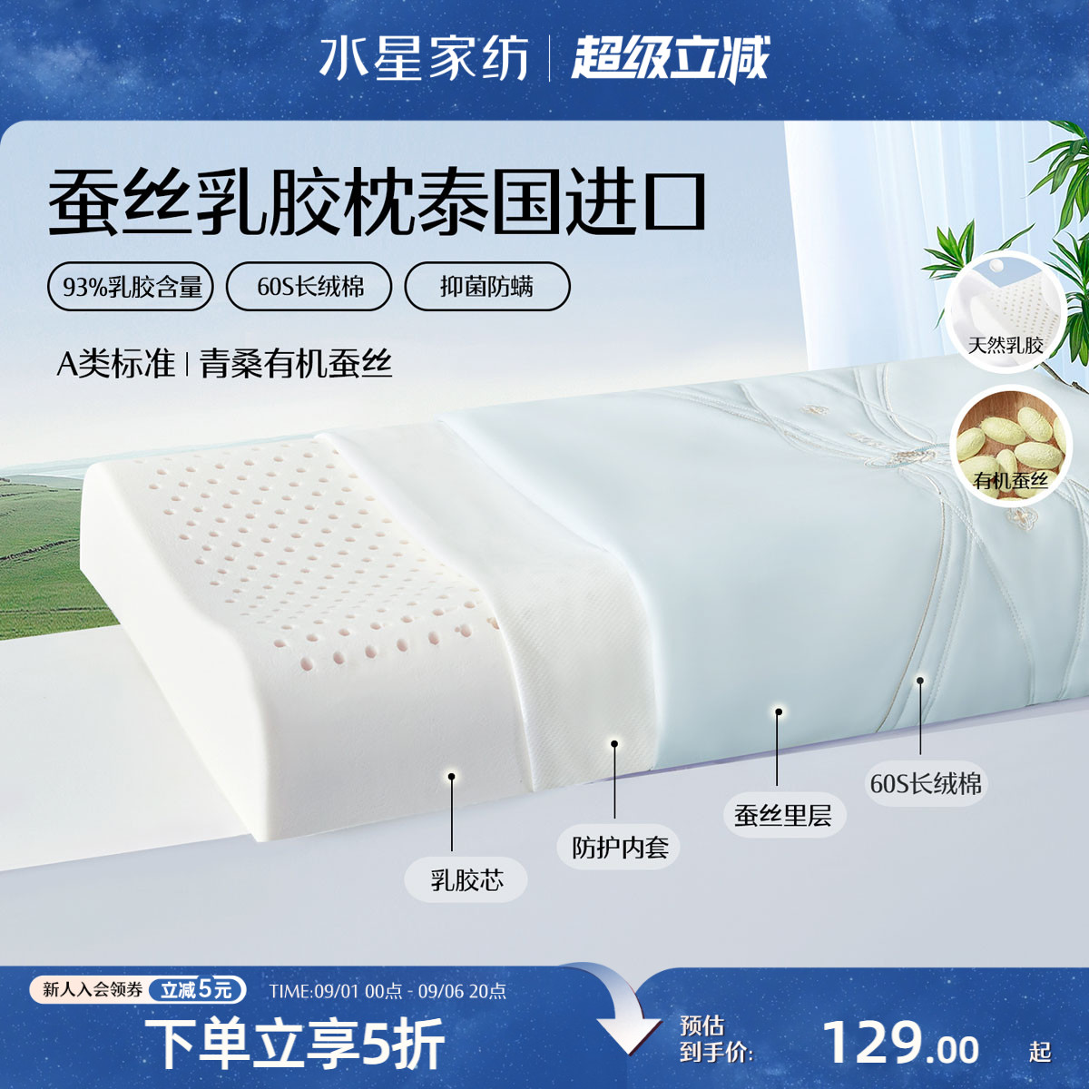 水星家纺A类单人乳胶枕泰国乳胶图片