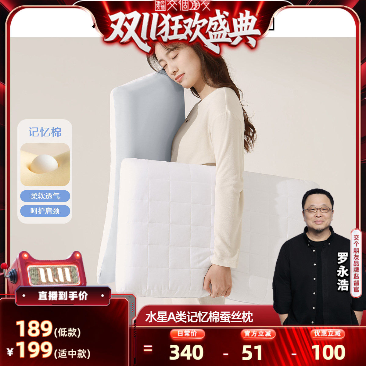 水星家纺A类抗菌记忆棉枕芯成人