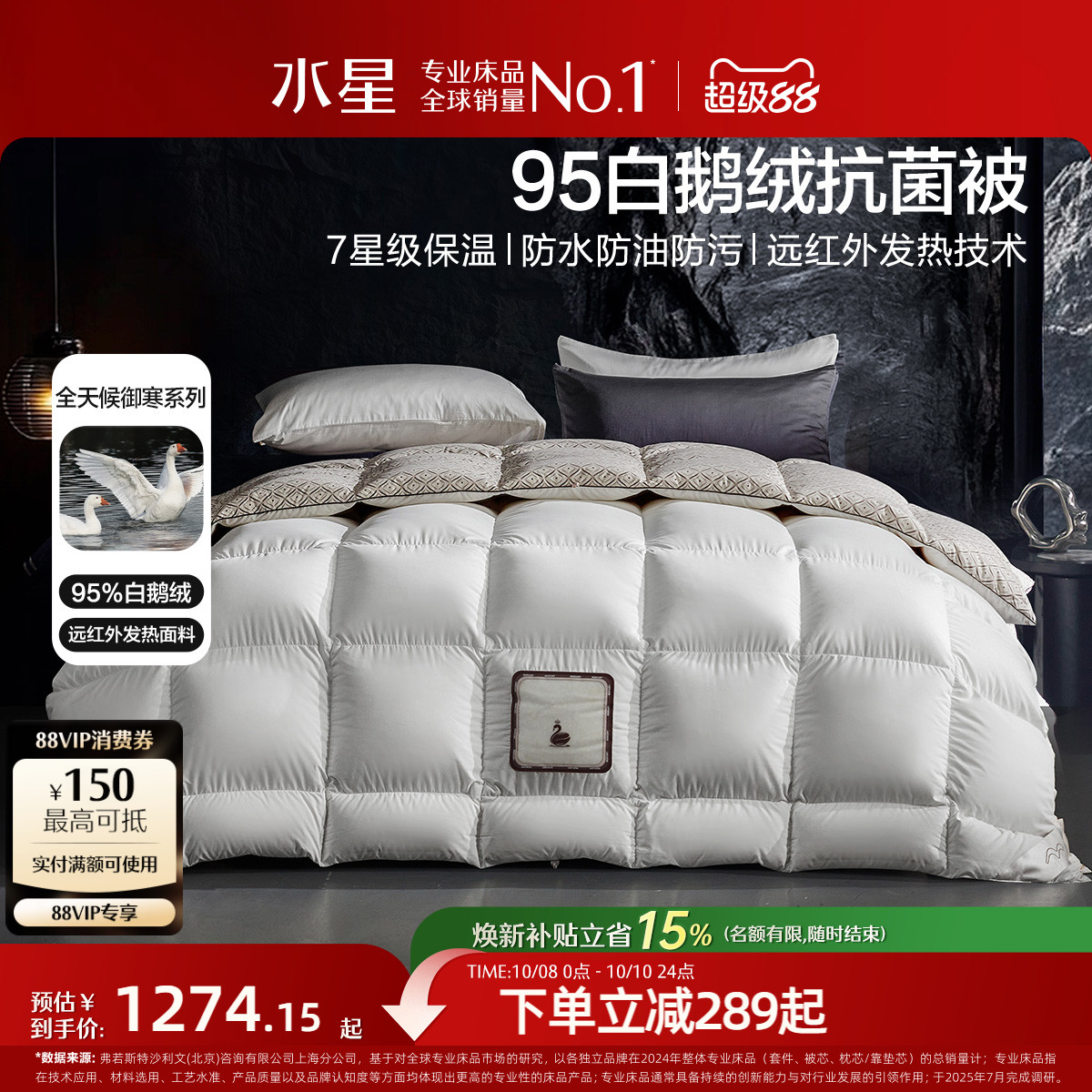 水星家纺抑菌95白鹅绒加厚冬被