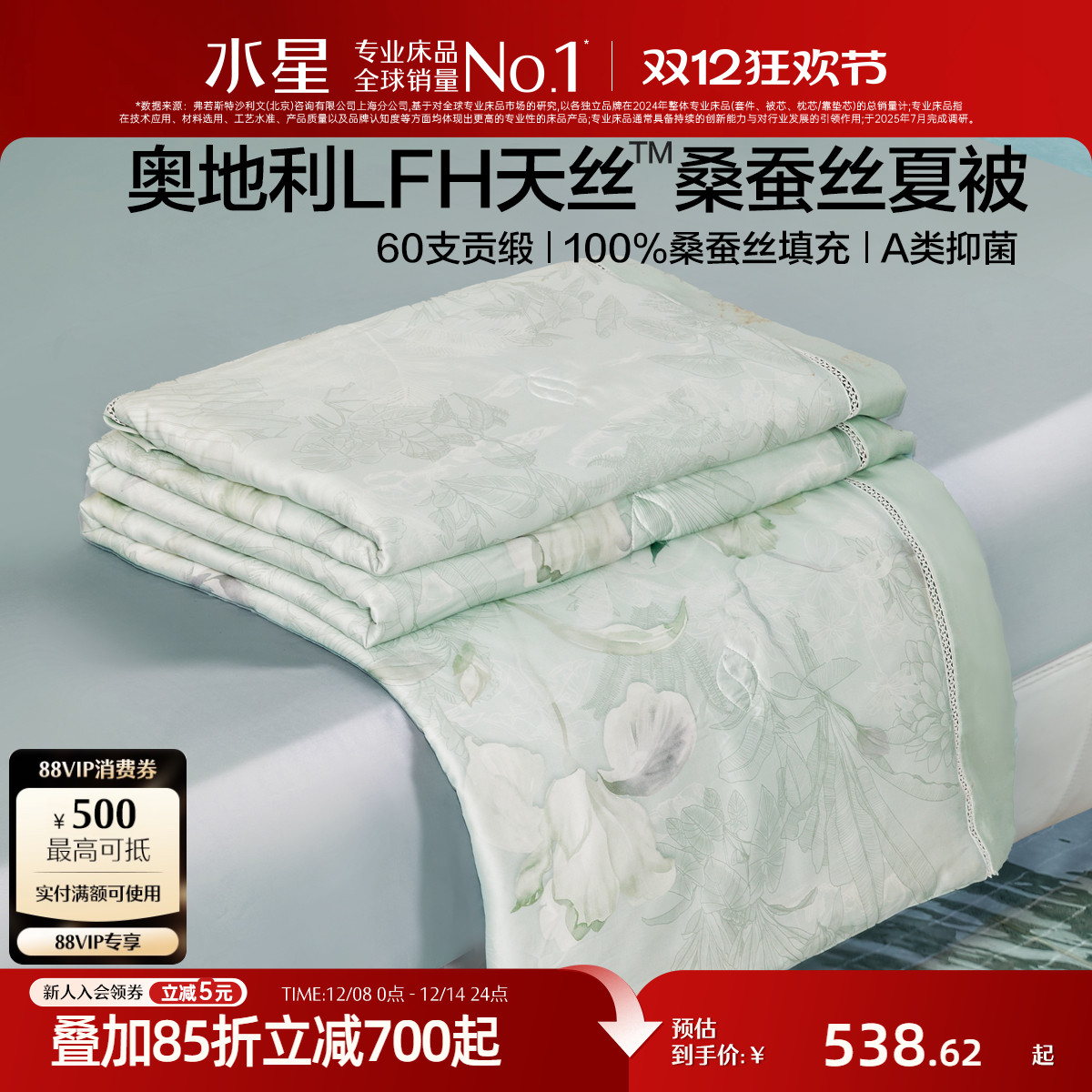 水星家纺60支兰精天丝桑蚕丝夏被