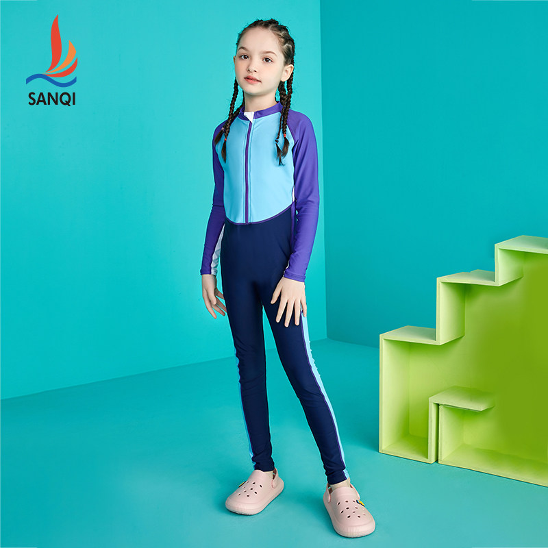 三奇儿童泳衣女童夏季连体长袖长裤速干中大童可爱宝宝专业游泳装