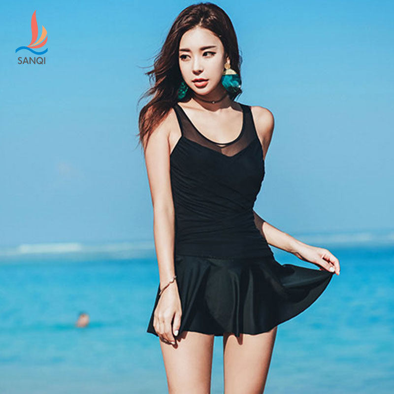 三奇无袖裙式连体泳衣网纱拼接褶皱透视性感泳装修身显瘦温泉度假