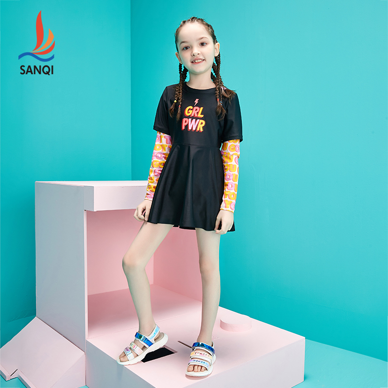 三奇2021新款儿童女孩长袖防晒连体裙式游泳衣中大童英文字母印花