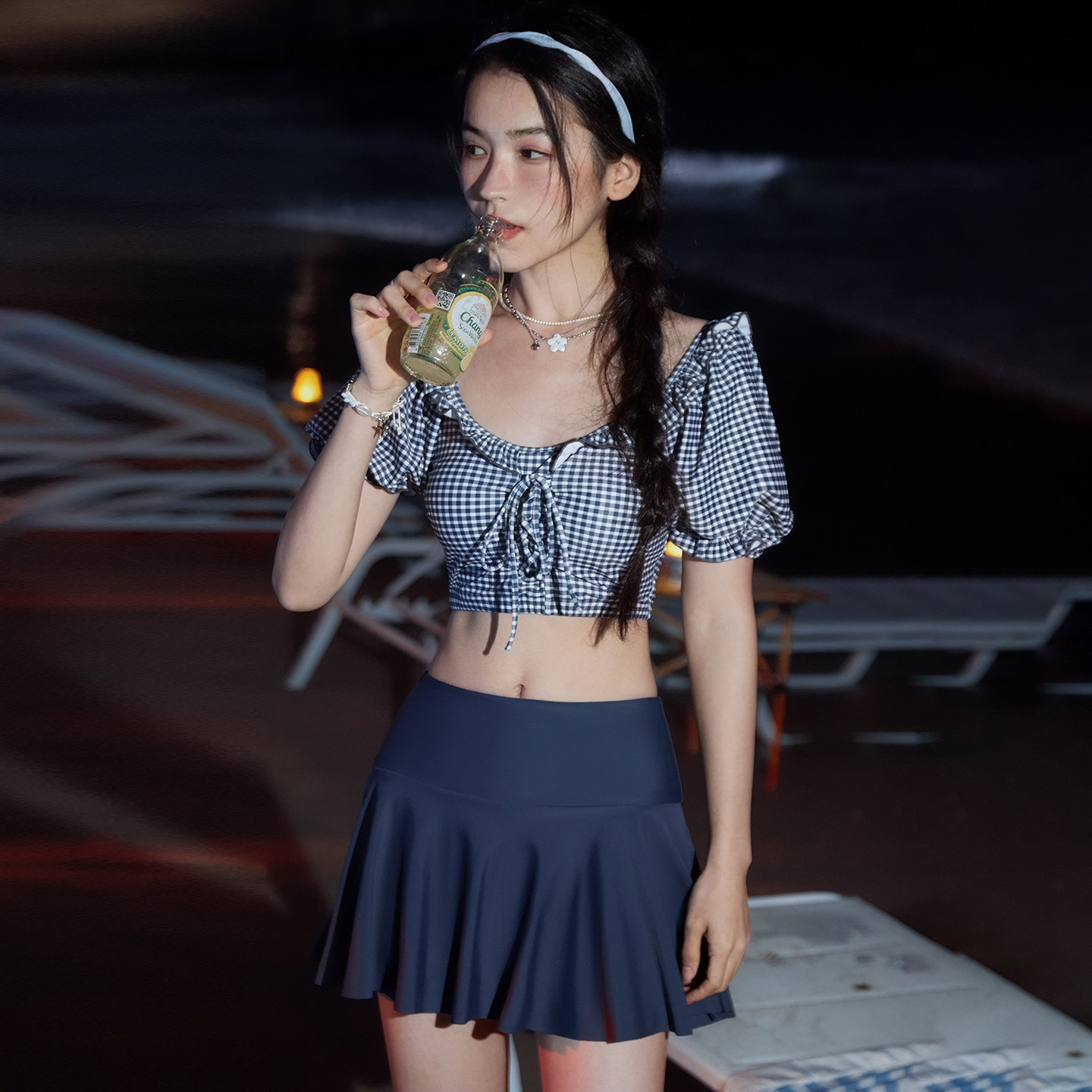 三奇格子纹复古泳衣女2025新款分体裙式短袖高腰显瘦温泉度假泳装