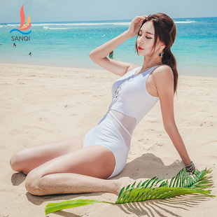 三奇泳衣女连体三角泳装 古典时尚优雅收腰镂空网纱透视美背塑型