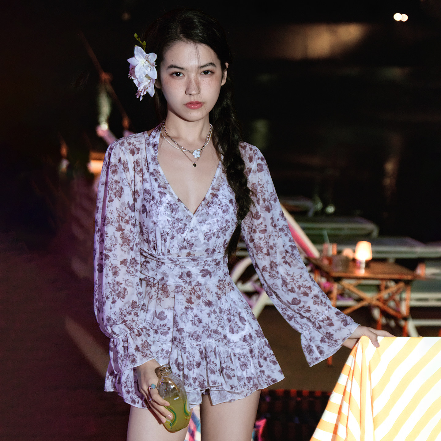 三奇分体泳衣女25新款花色性感比基尼长袖罩衫三件套温泉海边度假