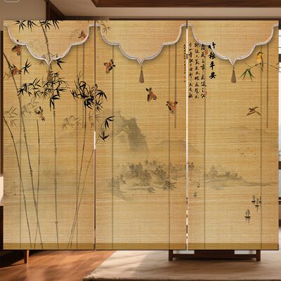 定制中式印花竹帘卷帘禅意荷花图案竹窗帘隔断茶室背景竹卷帘帘子