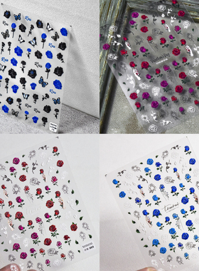 新工艺tomoni浮雕带背胶美甲贴纸 红色玫瑰花蓝色妖姬花朵指甲贴