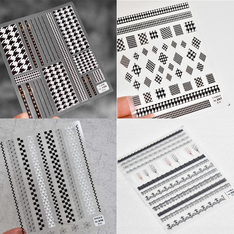 tomoni薄韧带背胶美甲贴纸 十字蕾丝和风条纹 千鸟格方块菱形线条